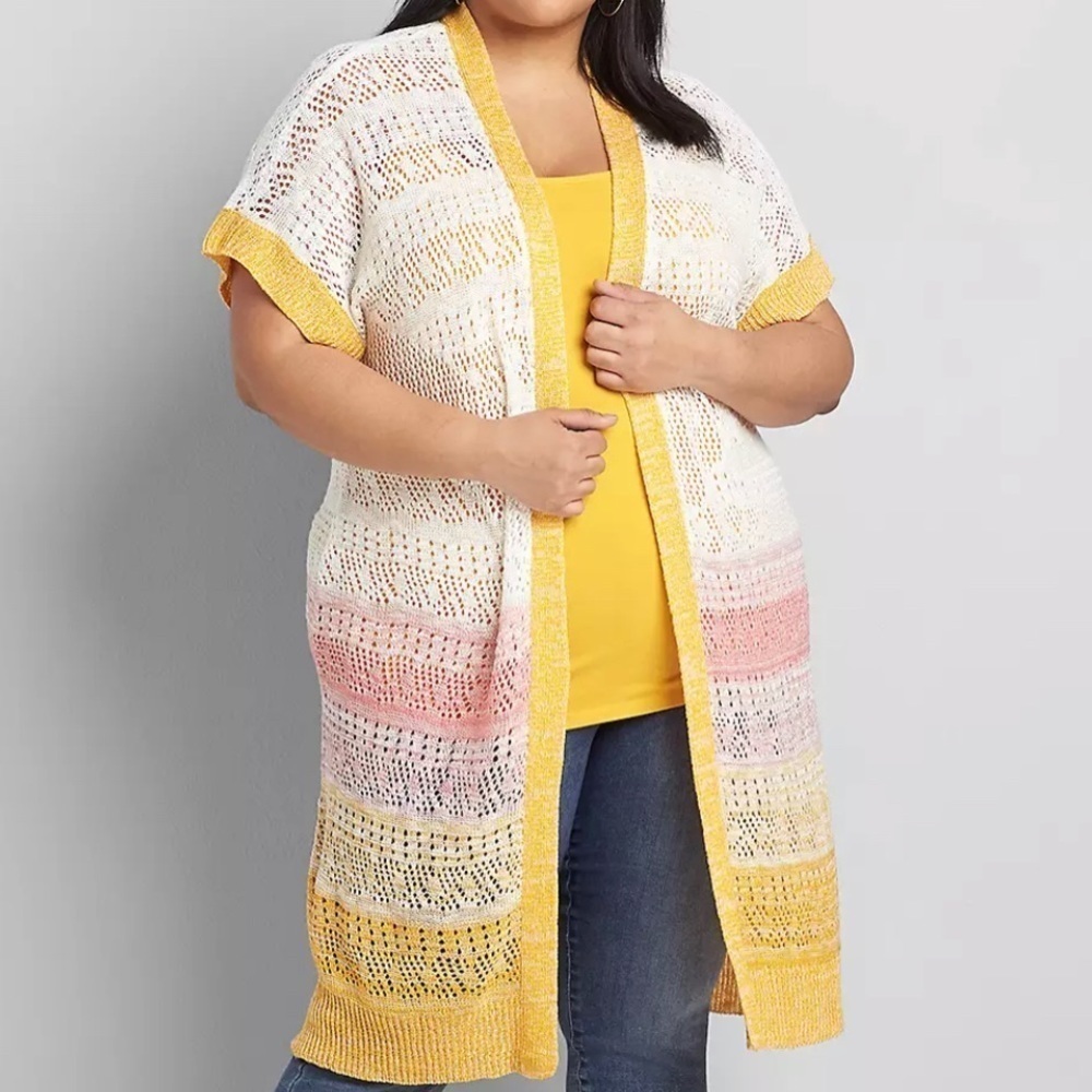 Lane Bryant Ombre Pointelle-Stripe Cardigan yellow pink purple  Size 22/24